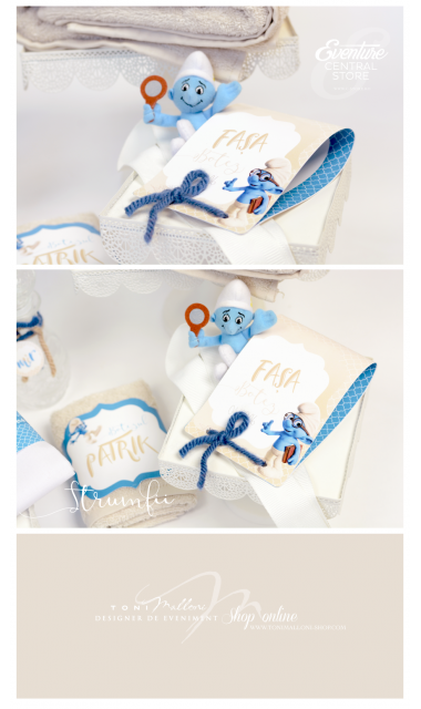 Trusou de botez cu broderie personalizata pentru baieti, Strumfii veseli 3